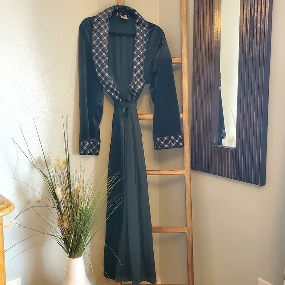 Vintage Amanda Stewart Hunter Green Robe Contraat Check Collar and Sleeves - Picture 1 of 8